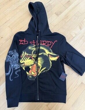 Ed Hardy Men's Hoodie Jacket Panther Black Full Zip Hooded Tiger Size Medium NWT